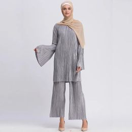 Clothing Plus Size Abaya Bangladesh Muslim Hijab Two Piece Set Pleated Long Sleeve Top & Pants Abayas For Women Turkish Islamic Clothing