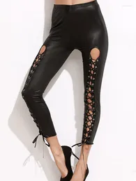 Women's Leggings Lace Up Hole Sexy Women PU Leather Leggins Black Skinny Punk Trousers Streetwear Mujer