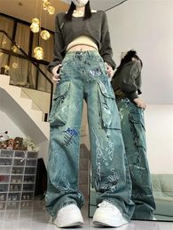 Women's Jeans Y2k Graffiti Print Pattern Design Unisex Vintage Street Casual Denim Trousers Female High Waist Straight Pants