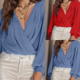 Women's Blouses Women Deep V-Neck Cardigan Ladies Solid Colour Pleated Long Sleeve Polyester Blouse Loose Fitting Casual Elegant Tops