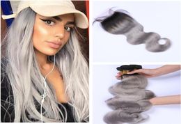 Ombre Grey Bundles with Closure Body Wave Sliver Grey Ombre 3 Bundles with Closure Two Tone 1B Grey Brazilian Human Hair Extension5425493