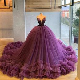 purple Ball Gown Quinceanera Dresses Vestidos De 15 Anos Elegant Beads Ruffles Gowns Lace-Up 01