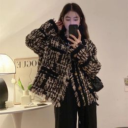 Spring Autumn Heavy Industry Woven Tassel Tweed Coat Women Outwear Fashion Slim Long Sleeve Tweed Jacket Female Overcoat 240102