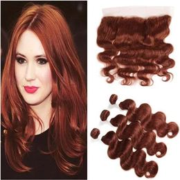 Wefts #33 Dark Auburn Virgin Brazilian Human Hair Bundles Deals with Frontal Body Wave Reddish Brown Human Hair Weaves with 13x4 Full La