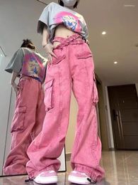 Jeans da donna 2024 Y2K Design retrò si sente dolce e fresco Tinta in cravatta rosa con utensili Pantaloni dritti a gamba larga femminile Moda di strada