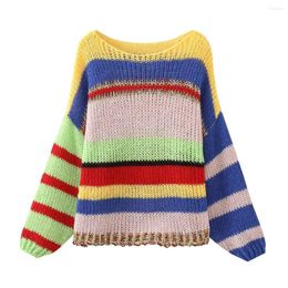 Women's Trench Coats Women Asymmetric Colourful Stripe Pullover Sweater Autumn Fashion O-neck Long Sleeve Knitted Tops 2024 Lady Loose Chic