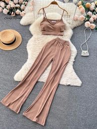 Pants SINGREINY Strap Sexy Casual Suits Women Hollow Out Camisole+Wide Legs Long Pants Sets American Retro Beach Two Pieces Tracksuits