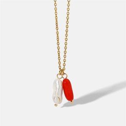 Natural Freshwater Pearl Red Coral Pendant Stainless Steel Necklace For Women Unique Choker Jewelry Summer Party Necklaces3537