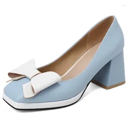 Dress Shoes Sweet Bow-tied Women's Heels Elegant Blue Red Block Medium Heel Pumps Large Size Office Party Wedding