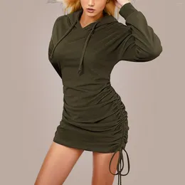 Casual Dresses Long Sleeve Drawstring Ruched Bodycon Dress Sweatshirt Short Hoodie Mini For Weddings As A Guest Sport Style Streetwear
