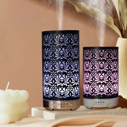 Aroma Diffuser Scent Ultrasonic Air Humidifier Iron Art Hollow Lotus Flower Pattern Home Decorations with LED Lights 240104