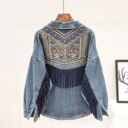 Denim Jacket Floral Embroidery Suede Fringe Loose Coat Chaquetas Mujer Long Sleeve Outerwear Women Vintage Streetwear 240103