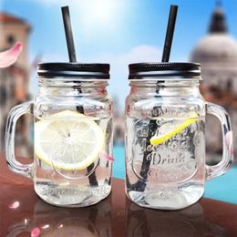 450ml Mason Jar Mugs with Handles Old Fashioned Glass Bottle Juice Drink Clear Water With Cover Straw Drinkware Cup 240103