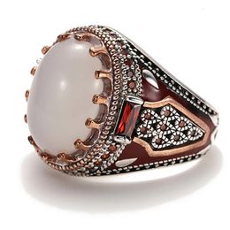 Turkish Jewelry Red Enamel Zircon White Natural Stone Ring for Men Women Luxury Banquet Jewelry Gift 240103