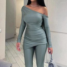 Women's Two Piece Pants Women Autumn 2 Outfits Fashion Oblique Shoulder T Shirts And Legging Solid Color Skinny Trousers Female Clothing