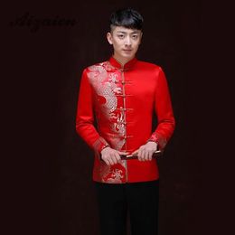 Clothing Red Traditional Chinese Clothing For Men Wedding Ancient Costume Cheongsam Top Long Sleeve Chinese Tunic Suit Mens Clothes