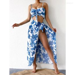 Skirts 3 Pieces High Waist Swimsuit With Beach Skirt Floral Print Knot Front Bikinis 2024 Women Ruffle Swimwear Female Bathing Suit