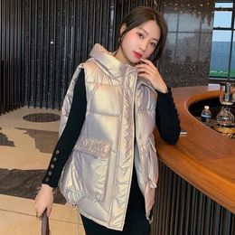 Women's Vests 2024 Autumn Winter Down Cotton Horse Bright Fabric With Hat Girl Fashion Vest Outdoor Coat Leisure Champagne