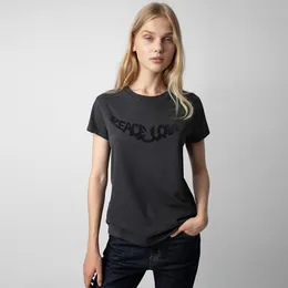 24ss Zadig & Voltaire Designer Streetwear Sweatshirt Hot Fix Rhinestone Wings Letters Printed Women Girls Black Outdoor T-shirts