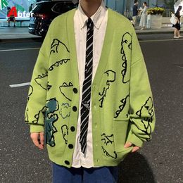 Abfer Autumn Oversize Cardigan Men Knitted Dinosaur Sweater Streetwear Loose Male Women Coat Doodle Hip Hop Pattern Winter 240103