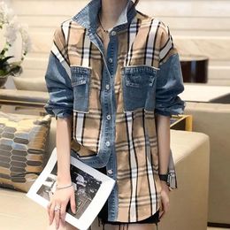 Women's Blouses Womens Shirts Denim Patchwork Plaid Shirt Women Foreign Relaxed Casual Design Feel Top Spring Coats