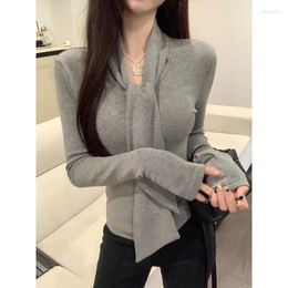 Women's T Shirts High Street Fashion All Match Long-sleeved T-shirt Women 2024 Spring Korean V-neck Lace Up Solid Colour Casual Tops