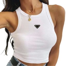 Women prad pra T-Shirt Hot Pr-a Summer White Tops Tees Crop Top Embroidery Sexy Shoulder Black Tank Casual Sleeveless Backless Shirts Designer Solid Vest 66