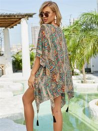 Women's Swimwear Soft Beach Sarong Boho Outfits For Women Cardigan Kimono Femme Chiffon Cover Up Summer Floral Sun Dress Tassel Tunic