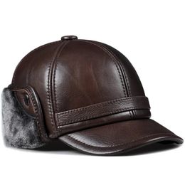 Winter Mens Hat Thicken Leather Cowhide Baseball Caps With Ears Warm Dads Hats Sombrero De Cuero Del Hombre 240103