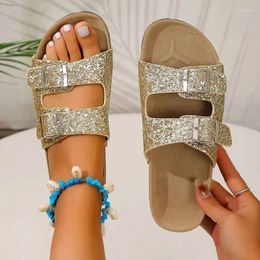 Slippers Bling Flats Women Summer Open Toe Flip Flops 2024 Designer Slingback Sandals Fad Beach Zapatos Femme Slides