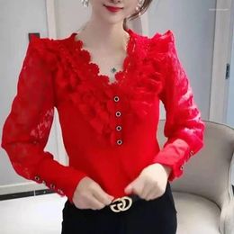 Women's Blouses Elegant V-Neck Lace Spliced Beading Ruffles Women Clothing Winter Loose Commute Pullovers Office Lady SQ19