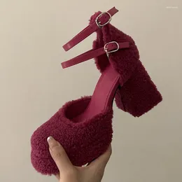 Sandals Fluffy Fur Women Pumps Square Toe High Heels Sexy Female Shoes Buckle Strap Ladies Thick Platform Crude Heel Dress Party