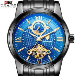 2021 TEVISE Men's Fashion Watch Moon Phase Luxury Business Men Watch Tourbillon Design Stainless Steel Strap Wrist Watches345z