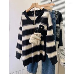 Women's Sweaters American Retro Striped Patchwork Letter Embroidery V-neck Mid Length Knitwear Sweater For Women Korean Fashion Loose