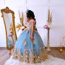 Elegant Long Off the Shoulder Tulle Flower Girl Dresses Gold Appliques with Bow Ball Gown Flower Length Custom Made for Wedding Party