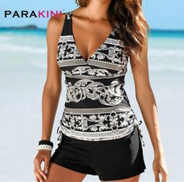 PARAKINI Two Piece Swimwear Women Plus Size Tankini Swimsuits with Shorts V neck Tankinis Set Swim Wear Black Print Bathing Suit9218357