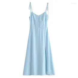 Casual Dresses YENKYE Women French Style Light Blue Front Slit Sling Sexy Sleeveless High Waist Female Holiday Summer Chiffon Dress