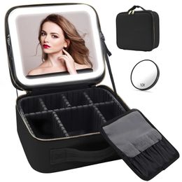 Travel Makeup Bag with Mirror of LED Lighted with Adjustable Dividers with Detachable 10x Magnifying Mirror 240103