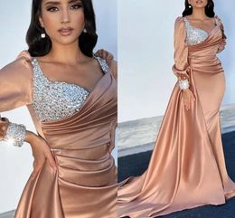 Fashion Mermaid Satin Prom Party Dress 2024 Sparkly Crystal Sequins Long Sleeves Satin Evening Formal Gowns Arabic Robes De Soiree Longue Abendkleid