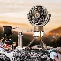 Electric Fans Remote Control Tripod Outdoor Camping LED Lamp Electric Fan USB Rechargeable Portable Auto Rotary Tent Ceiling Air Cooling Fan YQ240104