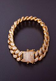 12MM Men Zircon Curb Cuban Link Bracelet Hip hop Jewellery Gold Colour Thick Heavy Copper Material Iced CZ Chain Bracelet 8quot3327454
