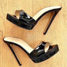 Dress Shoes Sexy Patent Leather Open Toe Platform Pumps Black Slip On Stiletto High Heels Women Mules Big Size 45 Summer Slippers