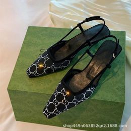 New Mesh Hollow Sandals Versatile Diamond Square Head French Women's Maillard Embroidery Designer shoes Pointed metal high heels women's sandals shallow G heel PEFLl