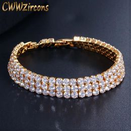 Bangle Cwwzircons 3 Row Iced Out Hip Hop Yellow Gold Colour Bling Cubic Zirconia Tennis Bracelet for Men Punk Jewellery Gift Cb048