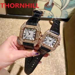 High Quality Men Women Square Roman Dial Watch Shinning Diamonds Ring Full Iced Out Watches Leather Brown Black Red Quartz Movemen269x