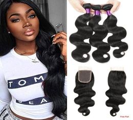 Body Wave Human Hair Unprocessed Brazilian Virgin Hair 3 Bundles With 44 Lace Closure Part Natural Black Color4657575