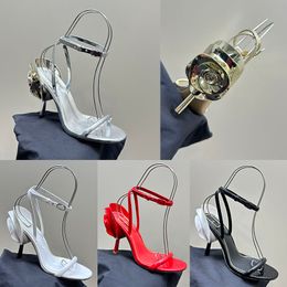 Roserouche Sandale, 10 cm, Damen-Designer-Slingbacks, geformte Blumen, hochhackige, runde Zehen, luxuriöse Abendessen-Schuhe, Knöchelriemen, Schnalle, Party-Kleiderschuh