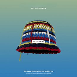 Y2k Stripe Handmade Crochet Bucket Hats Korean Summer Autumn Fishermans Cap Women Tassel Coloured Wool 240103