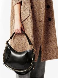 Women's Black or Brown Cowhide Single Shoulder Bags Rivet Decoration Zipper Saddle Bag Ladies Adjustable Strap Messenger 240103