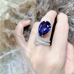 Wedding Rings Women's Retro Elegant Dark Blue Drop-shaped Gemstone Irregular Winding Open Ring Banquet Birthday Sterling Silver Series Gift